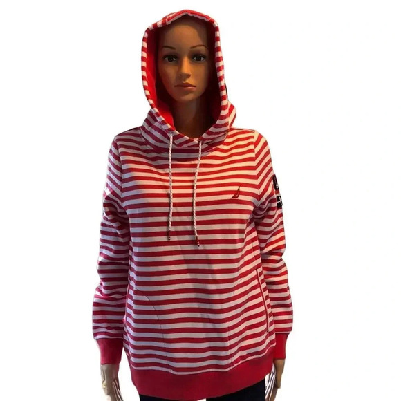 Nautica Tops - Nautical Women Soft Cozy hoodie sweater size M Red White Strip Thermal Pocket